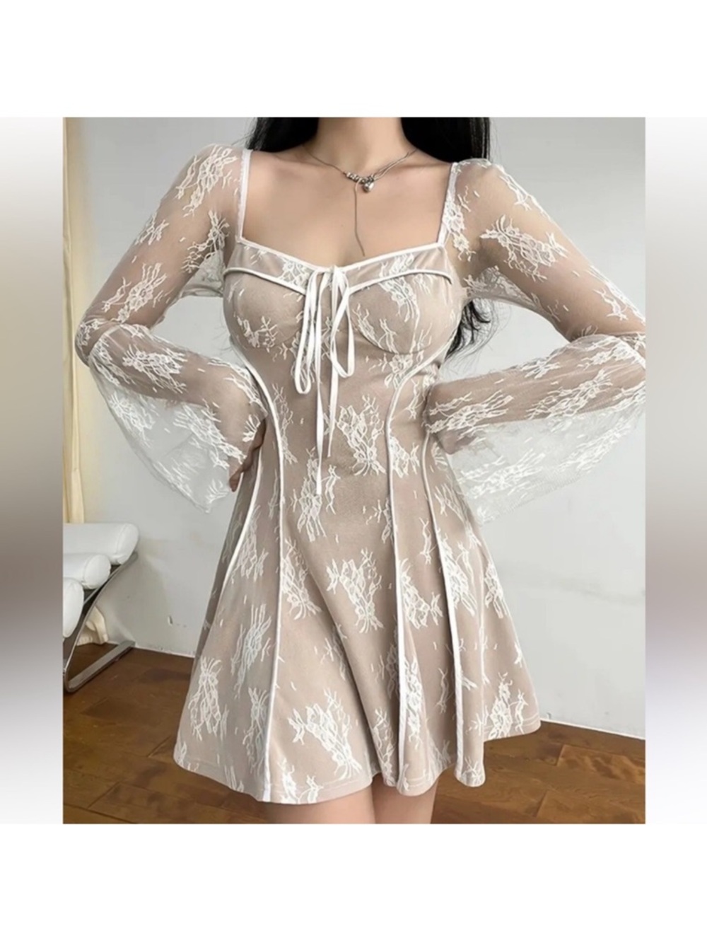 Beige Lace Dress with Tie Front